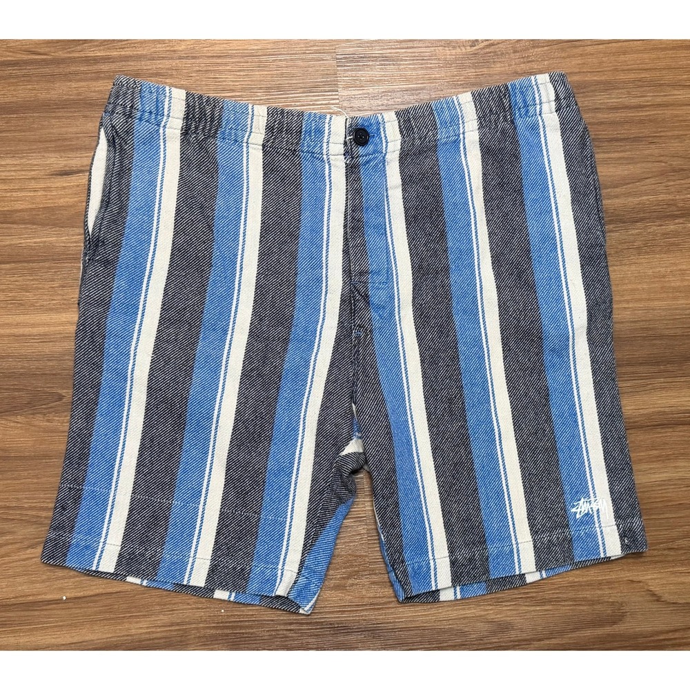 Stussy Y2k Mens Blue Striped Cotton Twill Blanket Skater Shorts Size M